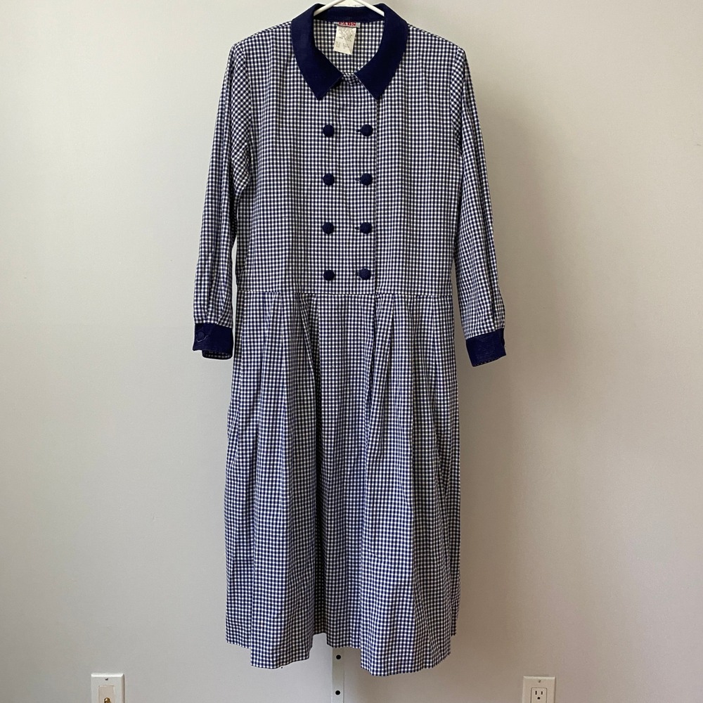 VTG‎ Fads 100% Cotton Academia Grandmacore Gingham Double Breasted Dress 6P Blue